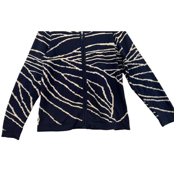 Susan Graver Womens Zip-Up Cardigan Sweater L Dark Navy & Beige Abstract Print - Picture 4 of 10